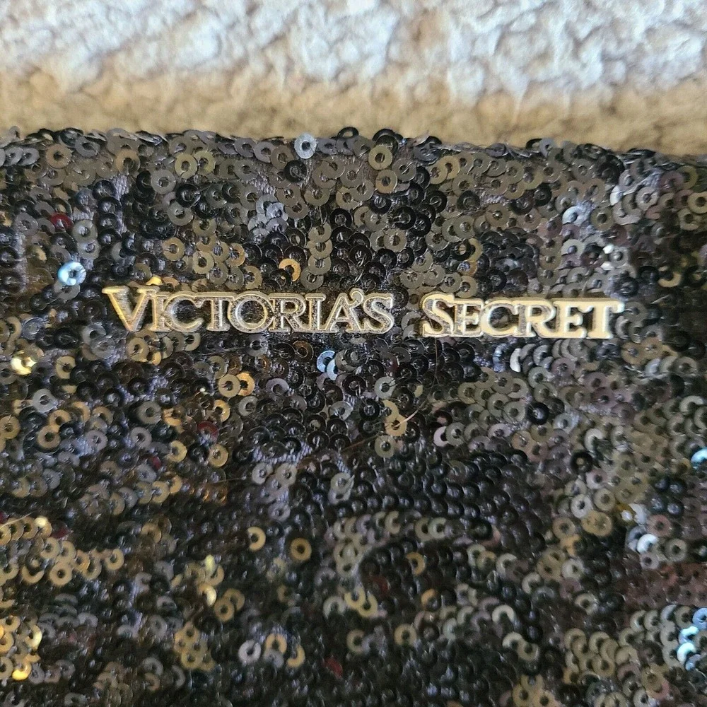 Victoria's Secret Make‎ Up Bag Black Sequin Shiney Faux Leather Snap Button